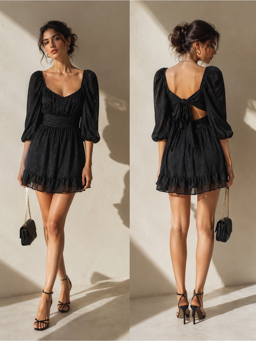 Lucy in the Sky Black Puff Sleeve Mini Dress Bow Back Ruffle L